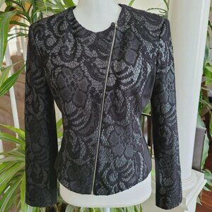 Miss Selfridge Black Lace & Metallic Gunmetal Moto Jacket Size 8 Lightweight